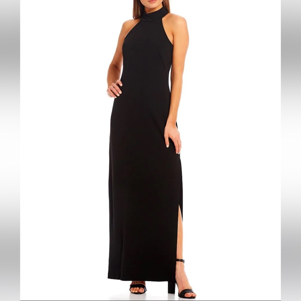 Belle Badgley Mischka Reese Halter Neck Sleeveless Crepe Side Slit Gown Dress